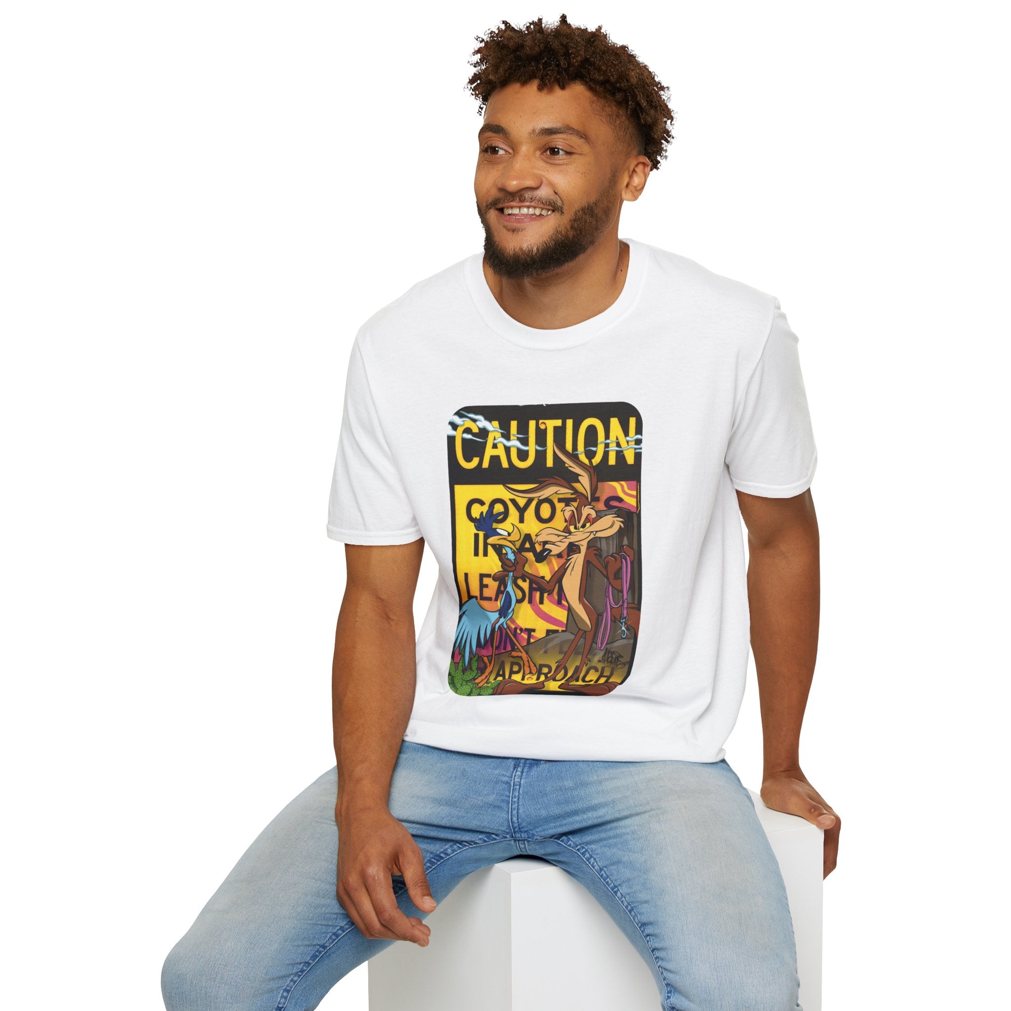 Caution Coyote Unisex Softstyle T-Shirt - Fun Graphic Tee for Animal Lovers