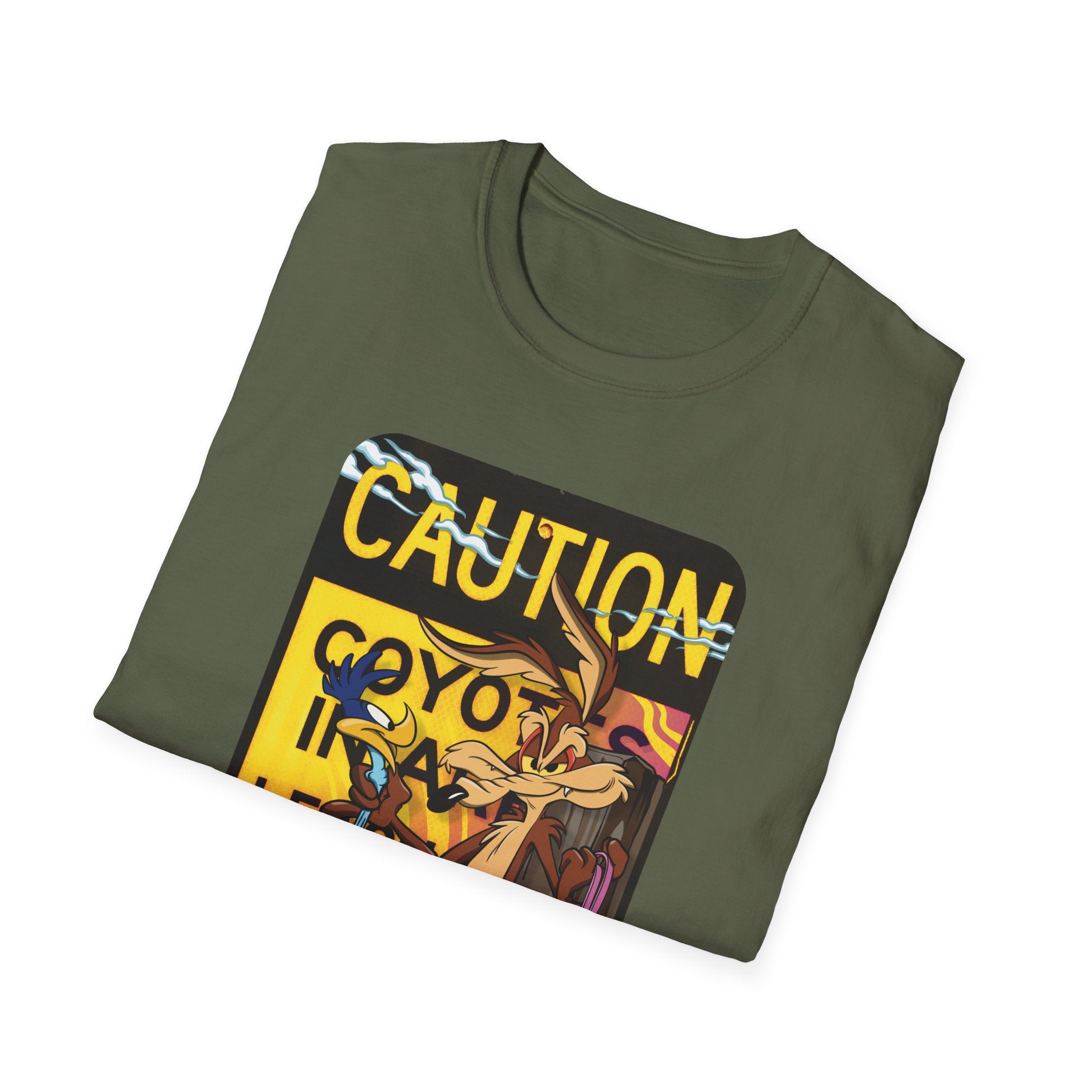 Caution Coyote Unisex Softstyle T-Shirt - Fun Graphic Tee for Animal Lovers