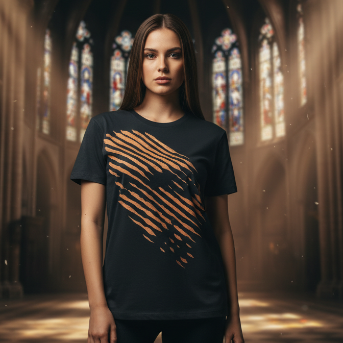 Black t-shirt with orange abstract design on a gray background