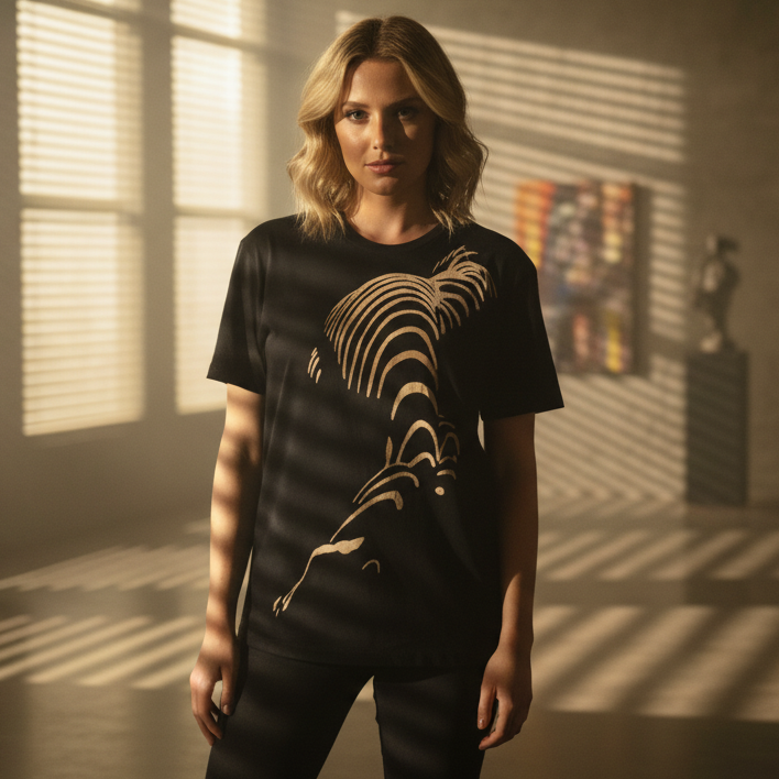 Black t-shirt with gold abstract design on a white background