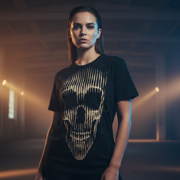 Black t-shirt with a gold skull design on a gray background