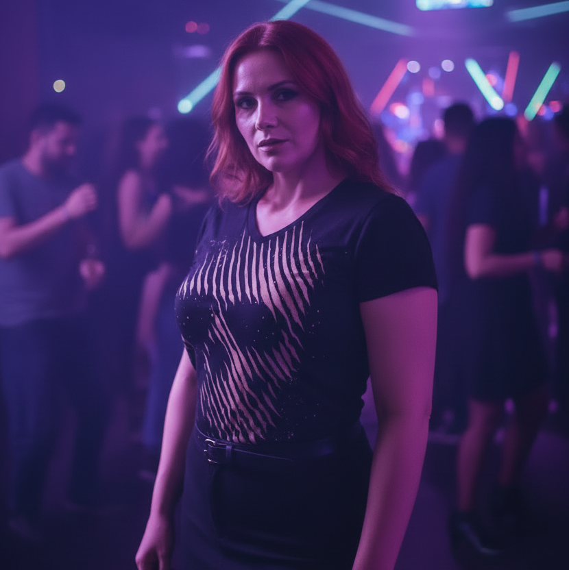 Black t-shirt with gold abstract design on a gray background