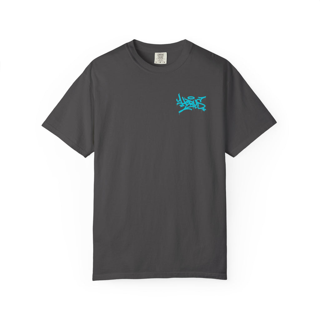 Gray t-shirt with a blue logo on a white background