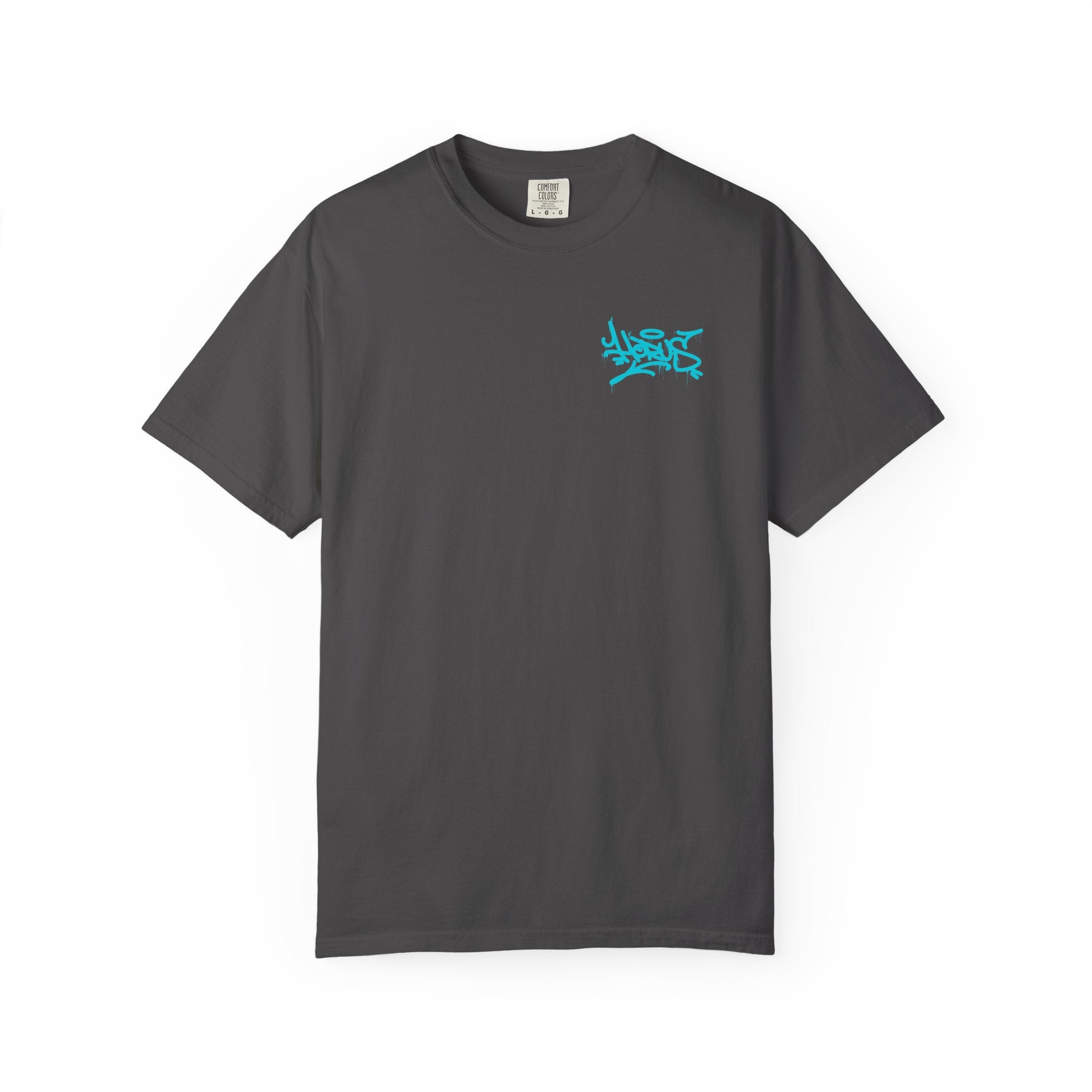 Gray t-shirt with a blue logo on a white background