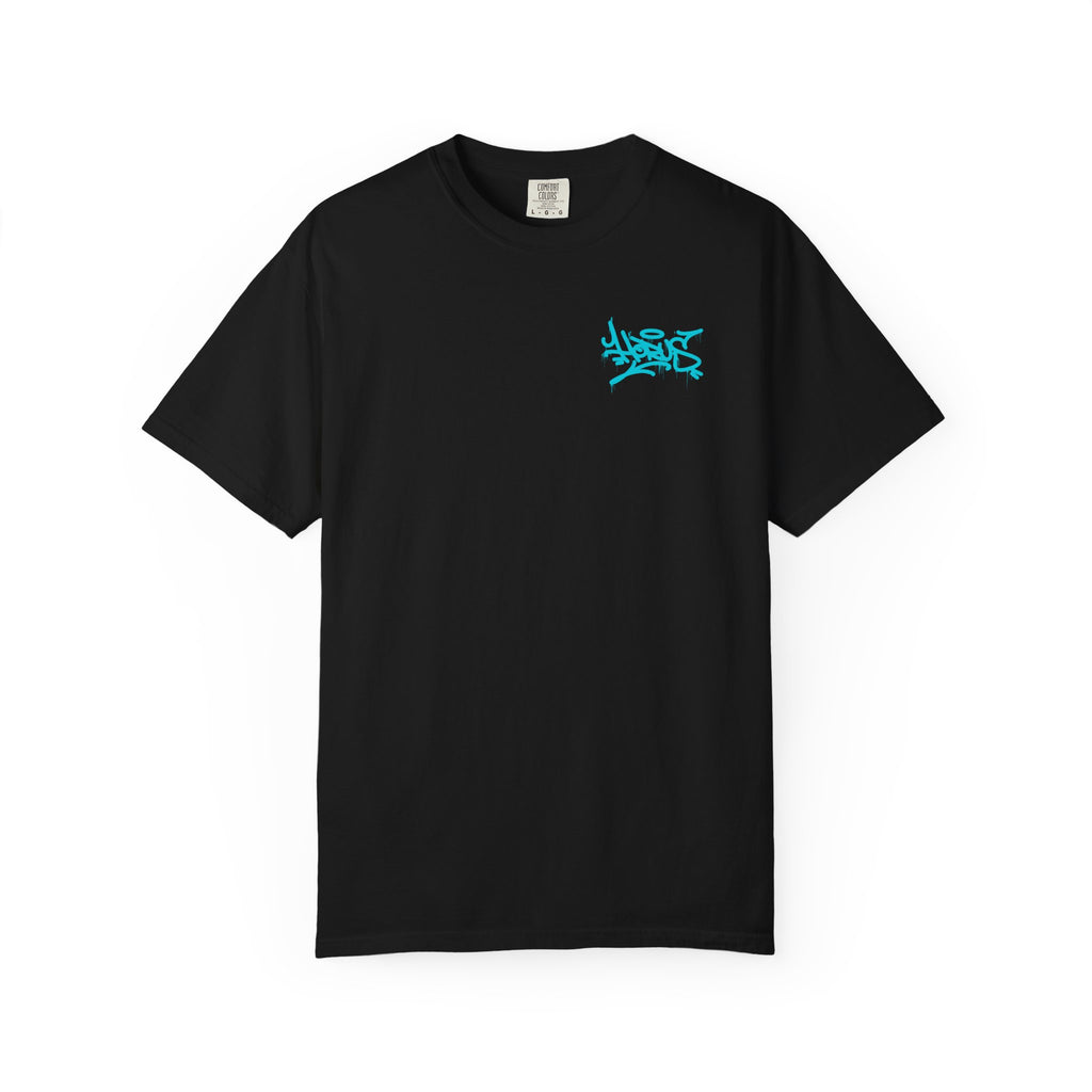 Black t-shirt with a blue logo on a white background