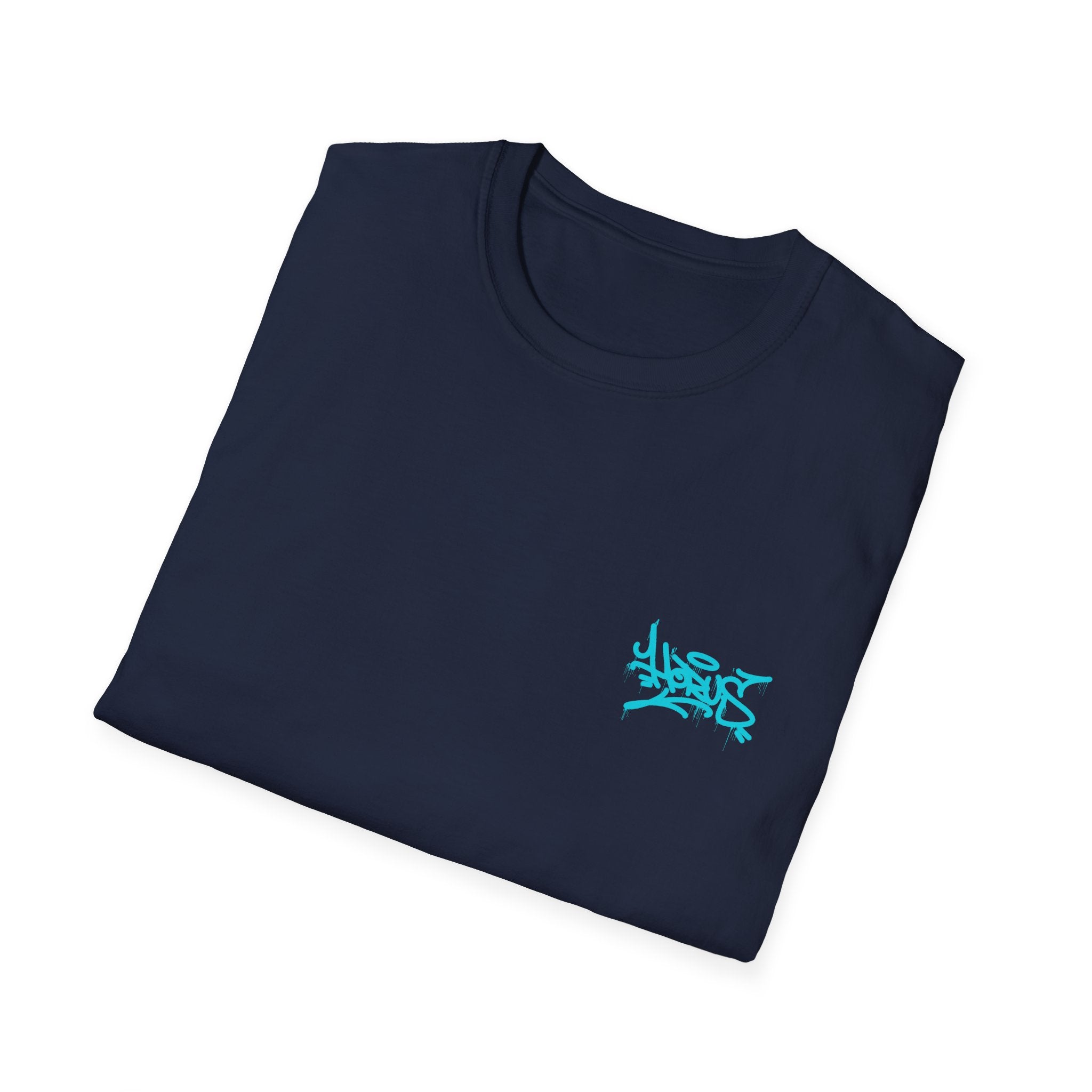 Folded navy blue t-shirt with a turquoise logo on a white background