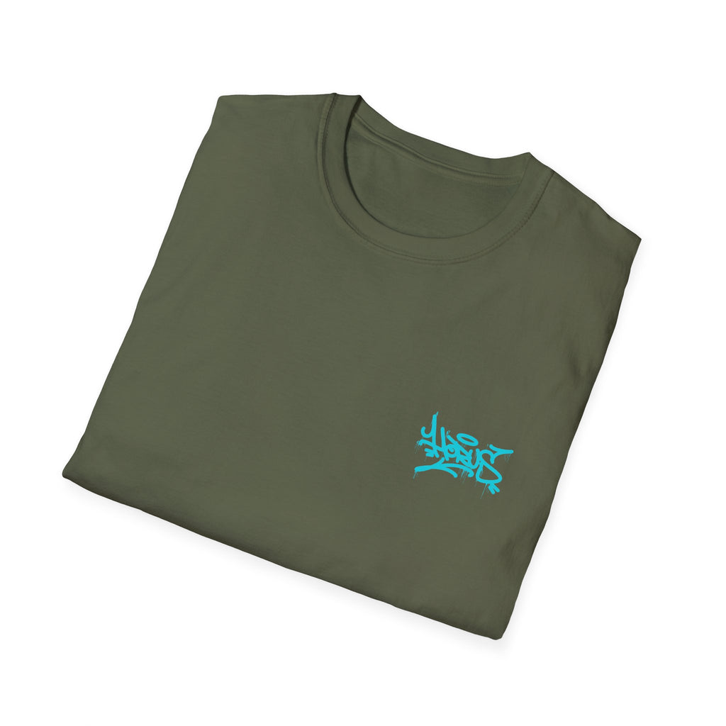 Folded green t-shirt with a blue logo on a white background