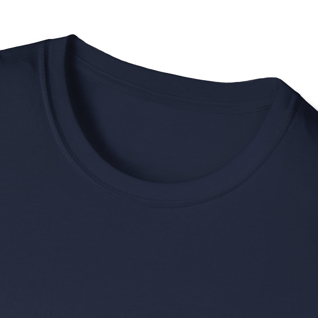 Close-up of a navy blue t-shirt collar on a white background
