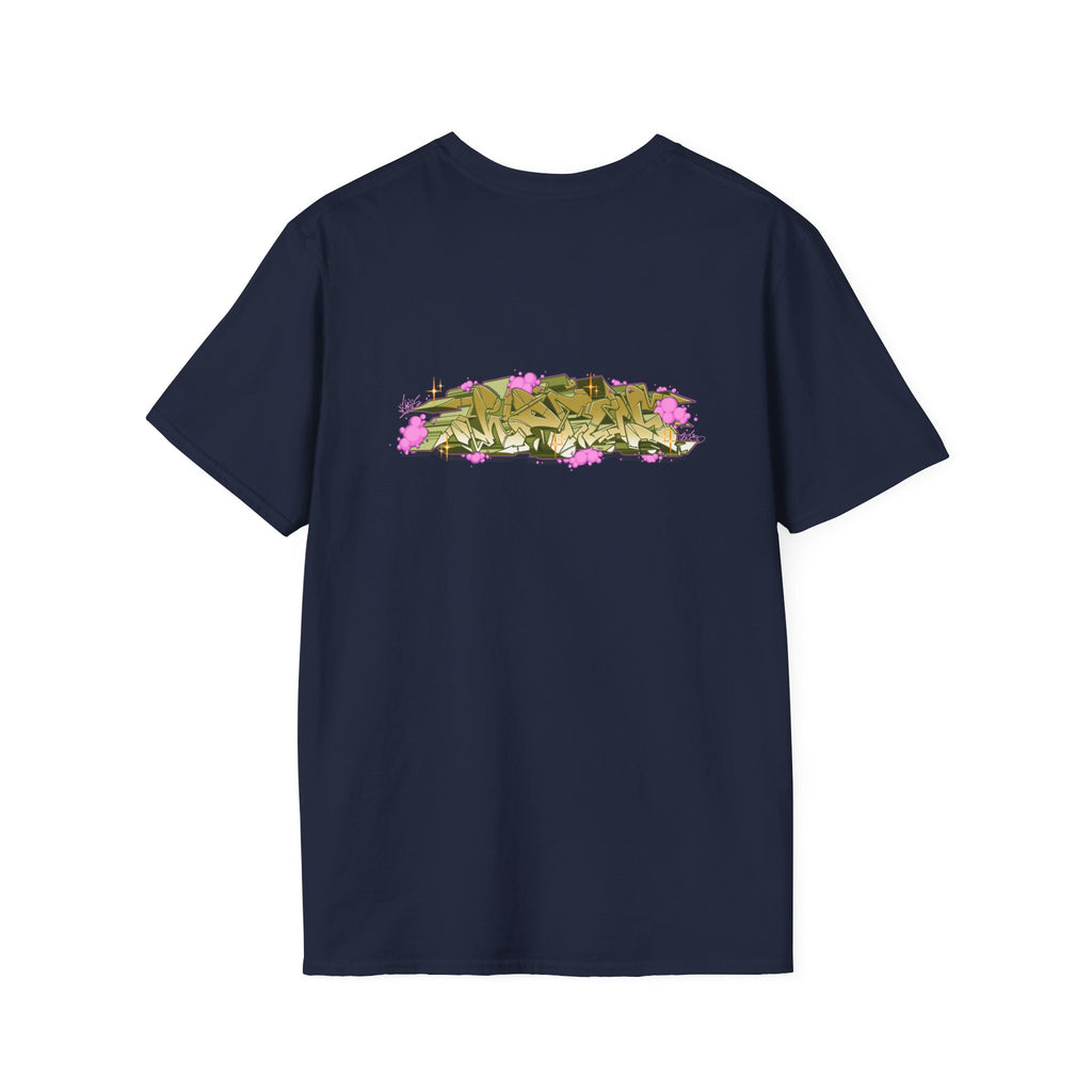 Navy blue t-shirt with a colorful graphic on the back against a white background