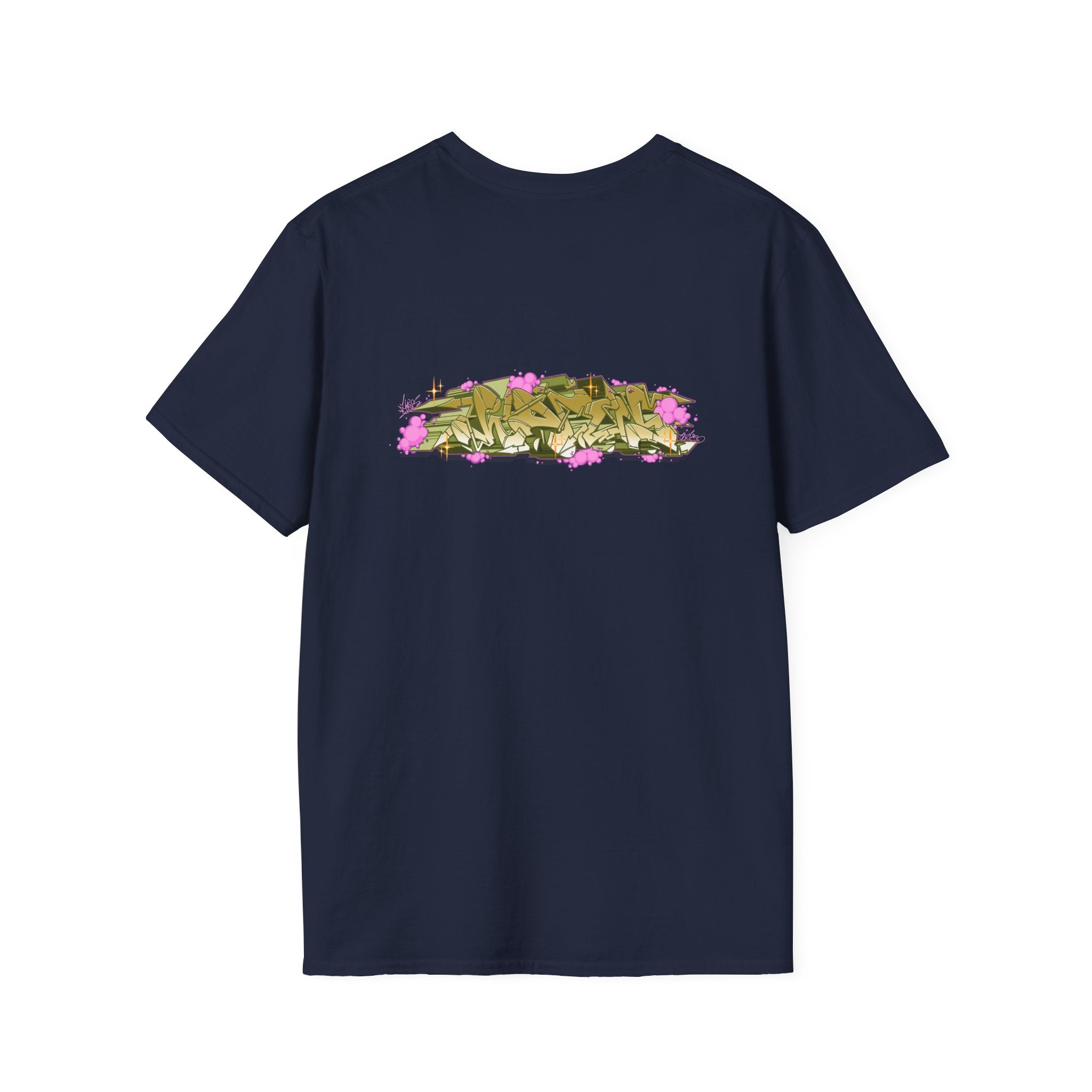 Navy blue t-shirt with a colorful graphic on the back against a white background