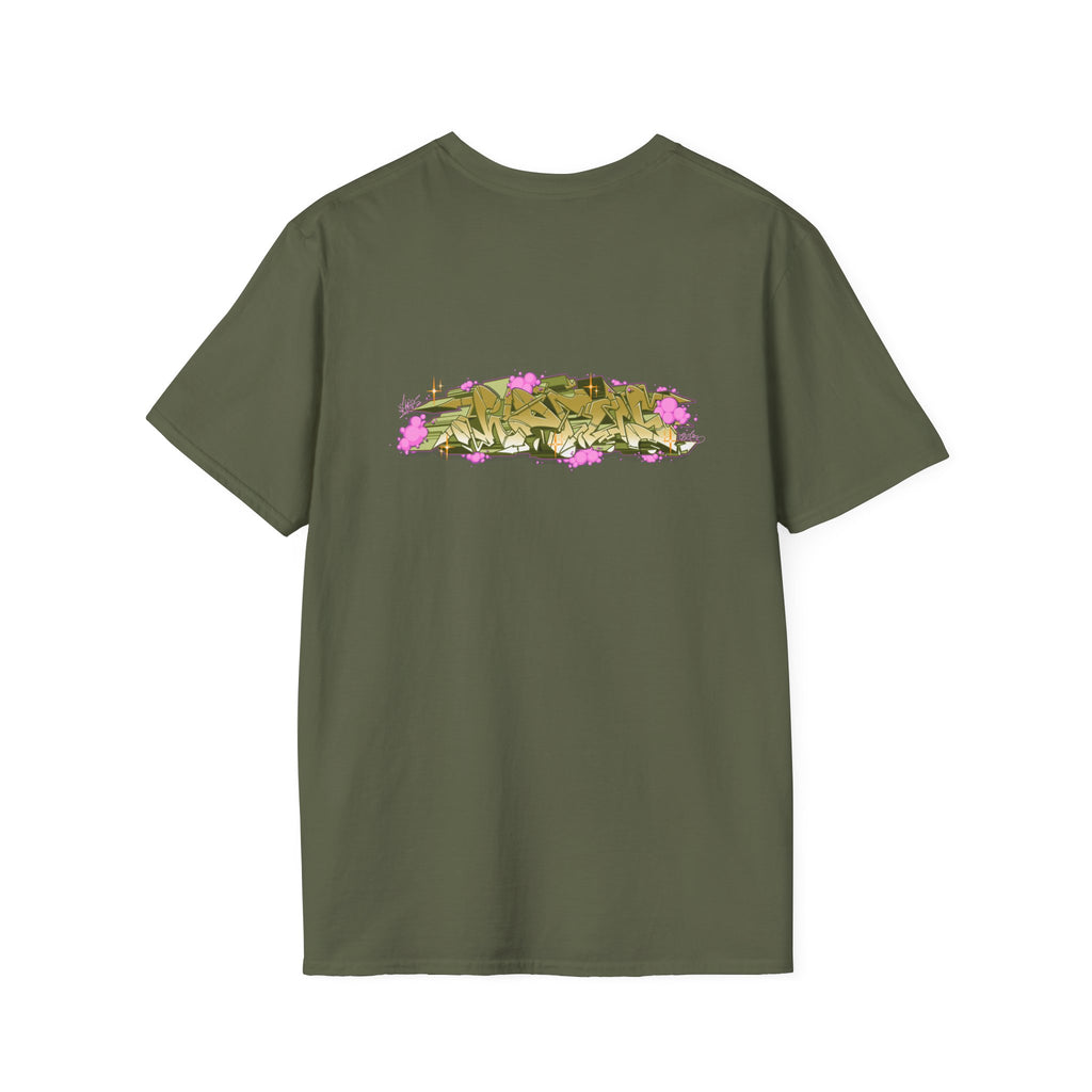 Green t-shirt with a floral design on the back against a white background