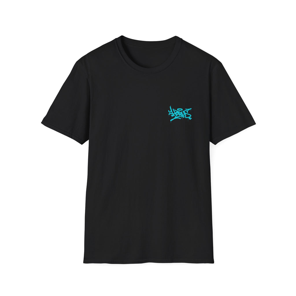 Black t-shirt with a small blue logo on a white background