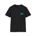 Black t-shirt with a small blue logo on a white background