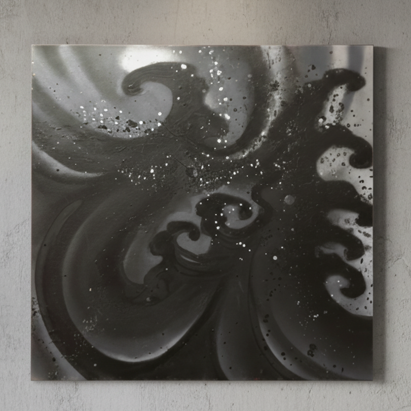 Abstract black and white art on a textured wall