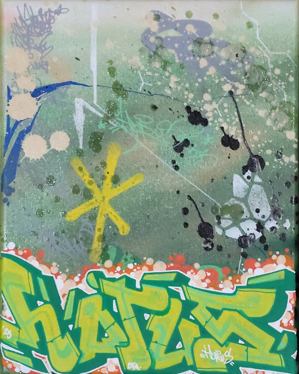 Abstract art piece with splashes of color and text on a textured background