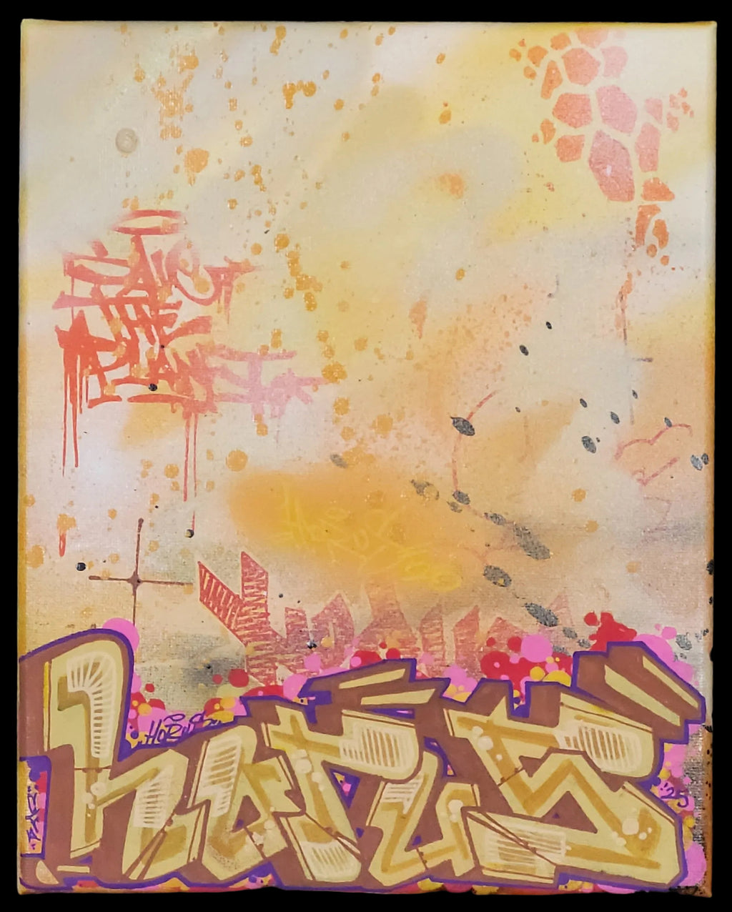 Image 4 (Yellow Canvas): "An 8x10 inch vertical graffiti art canvas by HORUS, titled 'Lemon Drop-Top.' The top half is a warm yellow and orange background with abstract orange and black spray paint splatters and red handwritten tags. The bottom half presents bold, angular graffiti letters in warm yellow with brown outlines and purple highlights, spelling 'HORUS' in a throw-up style. The canvas has a dark border."