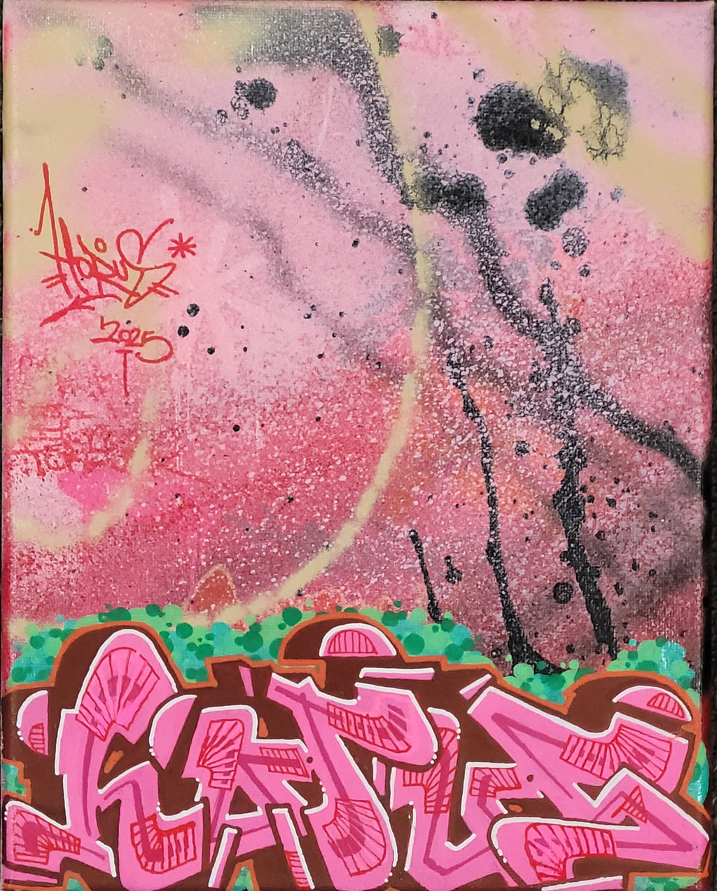 Abstract art piece with pink and black colors and a signature in the corner.