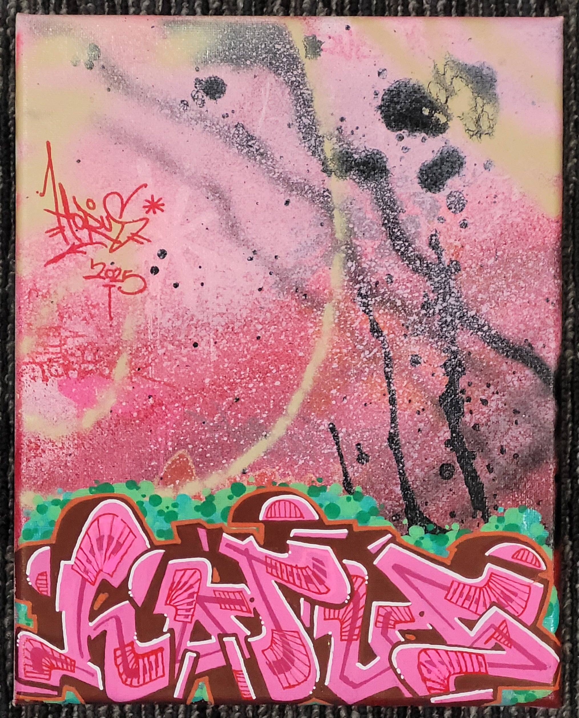 Abstract art piece with pink and black colors and a signature in the corner.