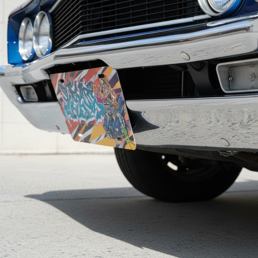 Vanity plate with printed graffiti and Ed Roth inspired hot rod design