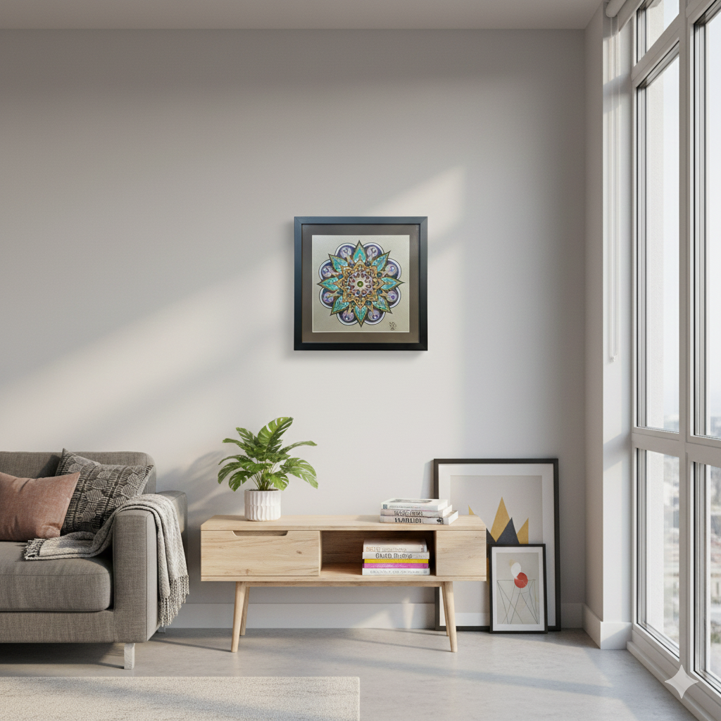 A professional front-facing studio shot of a framed geometric mandala by Horus, featuring intricate teal, purple, and gold symmetrical patterns.