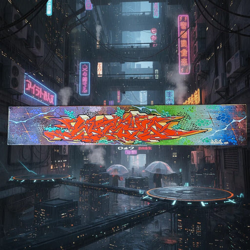 Cyberpunk cityscape with neon signs and a large graffiti-style banner.