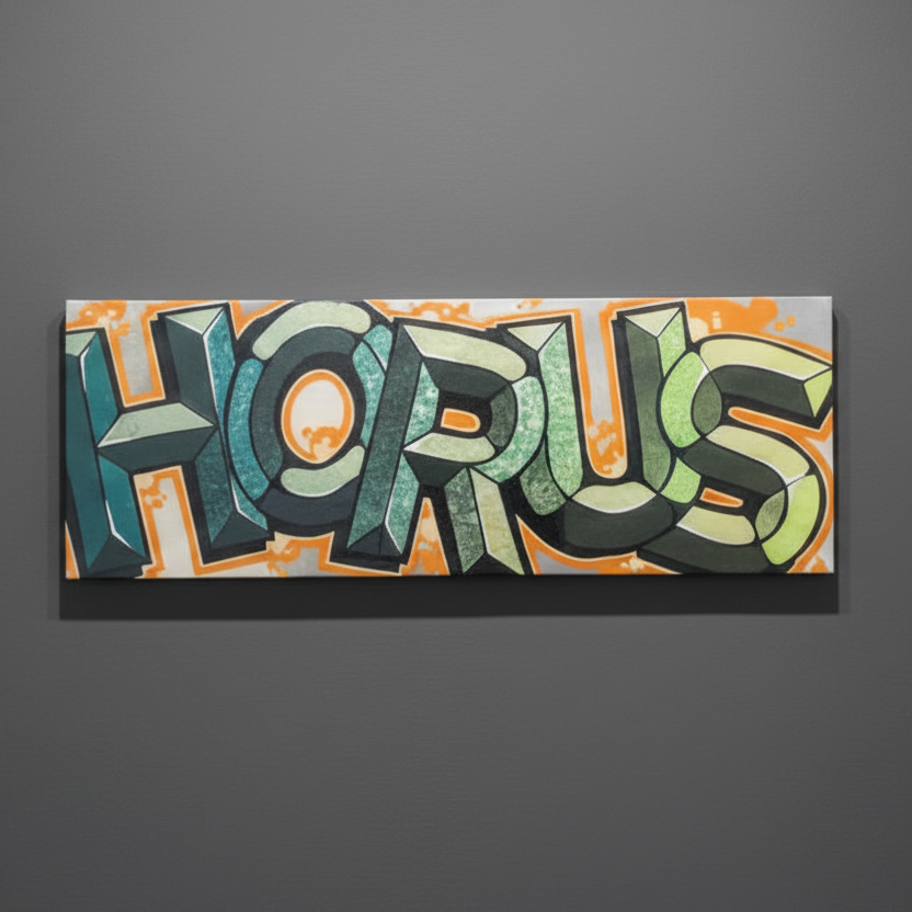 Graffiti block letters on a plywood panel inished with epoxy resin