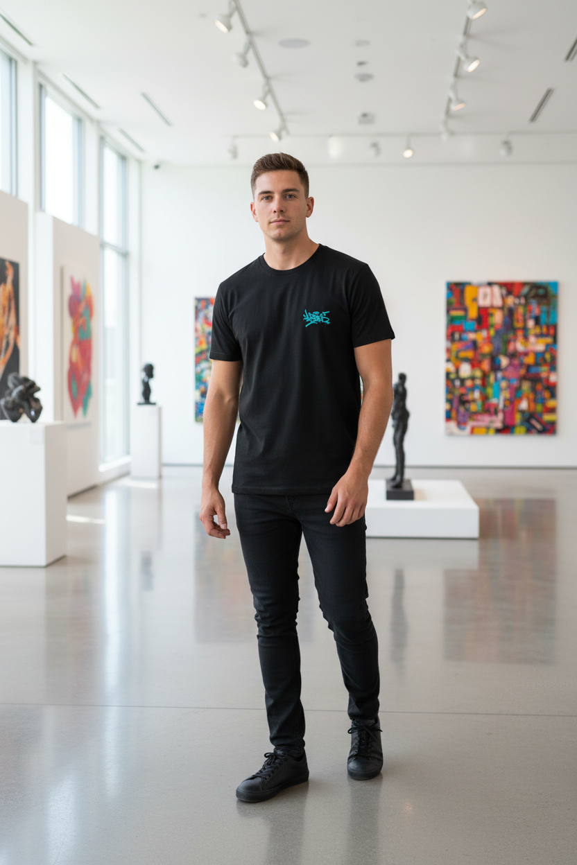 Black t-shirt with a small blue graffiti tag ‘Horus’ on the chest