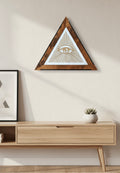 Custom handcrafted wood-framed "Eye of Providence" Illuminati artwork by Horus, featuring gold-toned sunburst rays in a triangular pyramid frame.