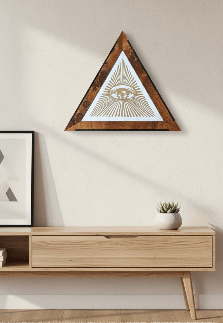 Custom handcrafted wood-framed "Eye of Providence" Illuminati artwork by Horus, featuring gold-toned sunburst rays in a triangular pyramid frame.