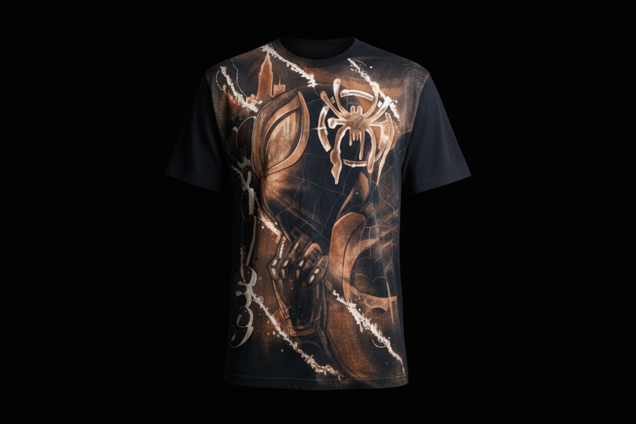 Black t-shirt with a detailed design on a black background