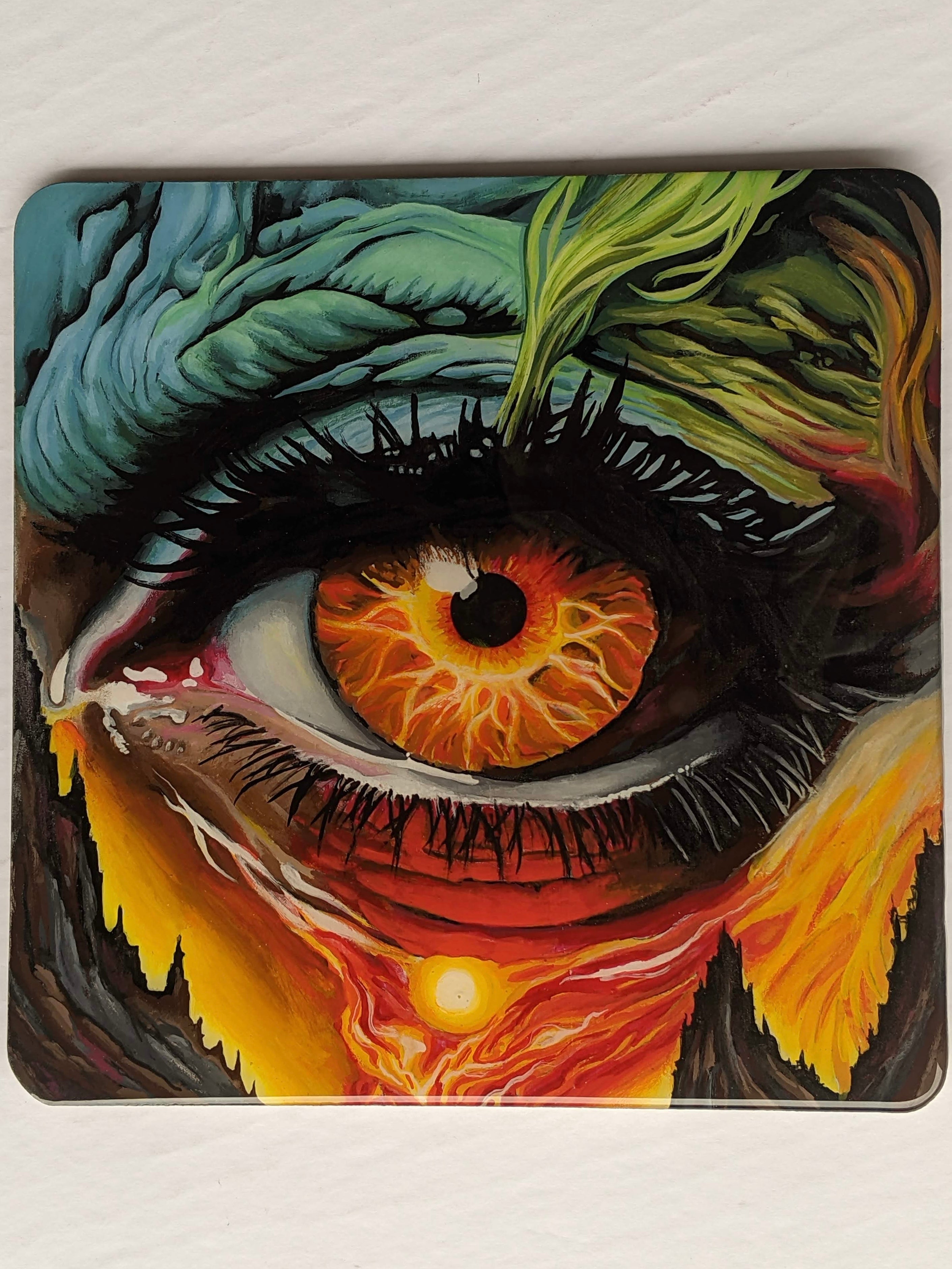 Original acrylic gouache painting "Behold" on 7-inch square Masonite panel. Close-up surrealism art featuring a fiery orange and red iris resembling a sunset, surrounded by textured teal and seafoam green skin. Finished with high-gloss epoxy resin.