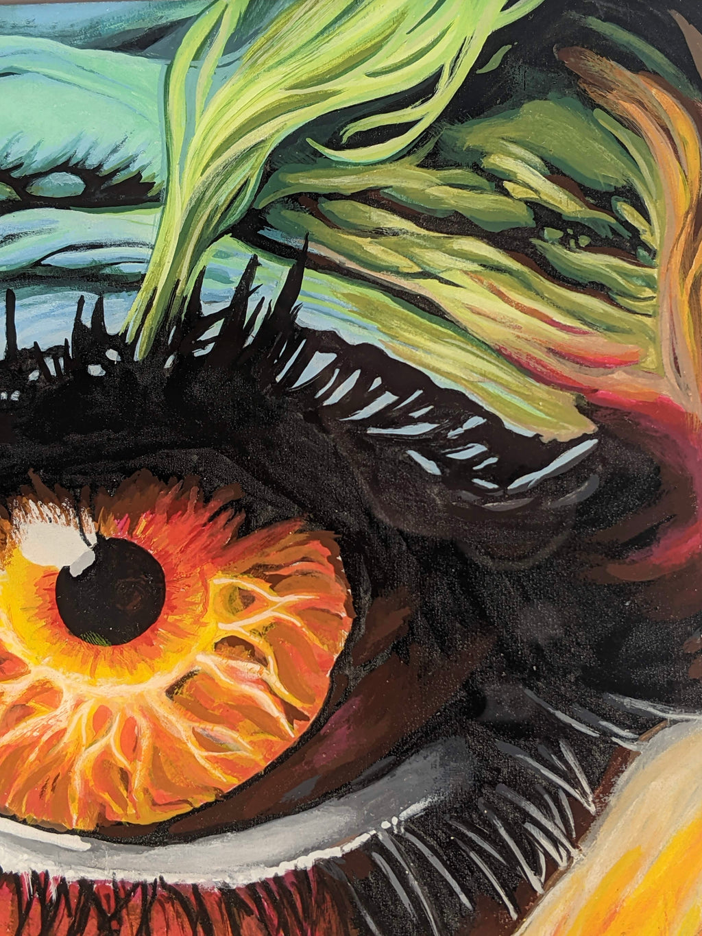 Original acrylic gouache painting "Behold" on 7-inch square Masonite panel. Close-up surrealism art featuring a fiery orange and red iris resembling a sunset, surrounded by textured teal and seafoam green skin. Finished with high-gloss epoxy resin.