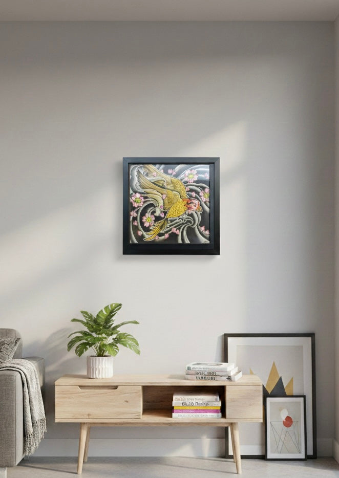 Original framed illustrative painting by Horus featuring a golden phoenix in flight with pink cherry blossoms and traditional Japanese-style grey wind bars.