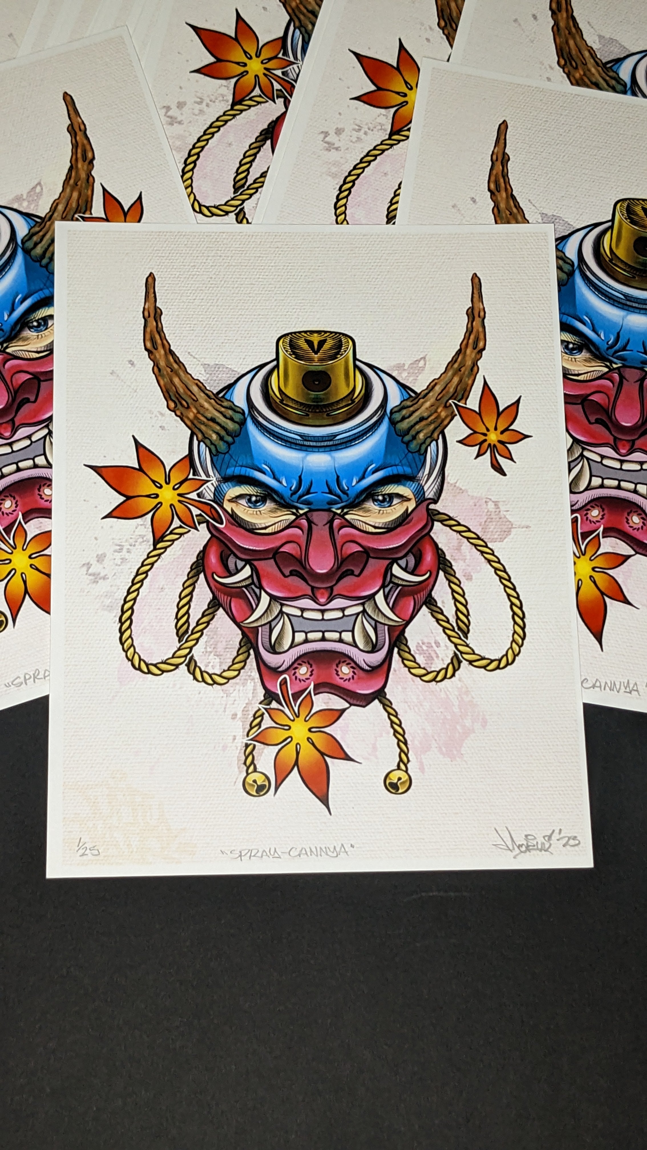 Product image of print. Artwork features a Japanese Hannya, morphed with a spray can. 
