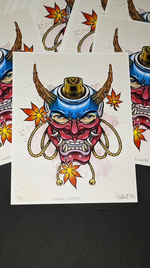 Product image of print. Artwork features a Japanese Hannya, morphed with a spray can. 