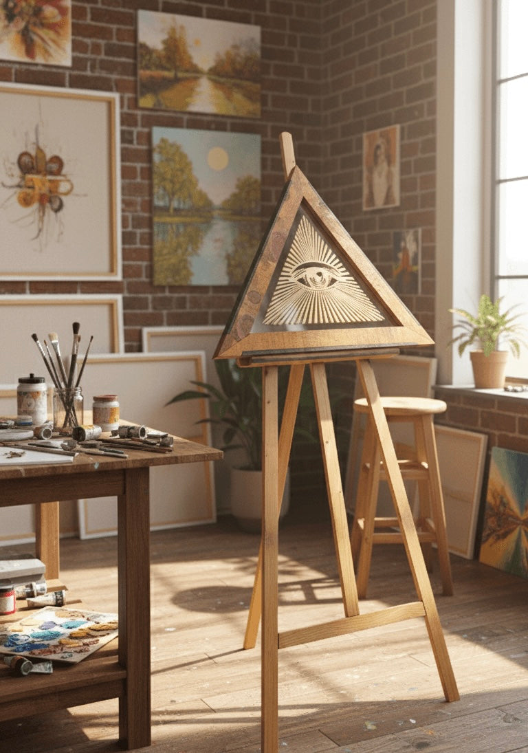 Custom handcrafted wood-framed "Eye of Providence" Illuminati artwork by Horus, featuring gold-toned sunburst rays in a triangular pyramid frame.