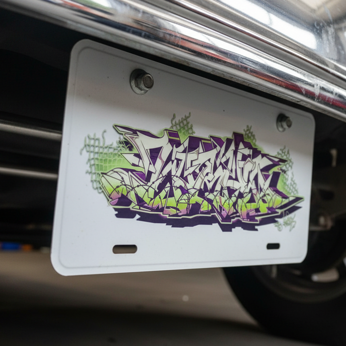  A white aluminum vanity plate with a graffiti design by horus