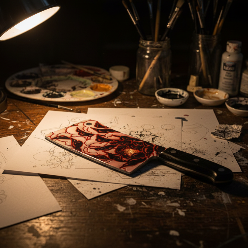 Decorative knife with a red and white patterned handle on a white background