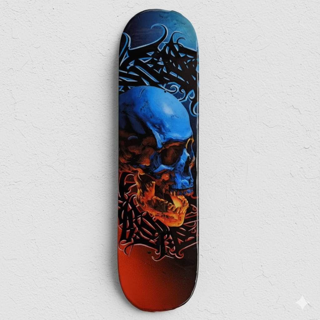 Custom hand-painted skateboard deck by Horus featuring a blue and orange skull with intricate black graffiti lettering and a high-gloss finish.