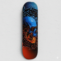 Custom hand-painted skateboard deck by Horus featuring a blue and orange skull with intricate black graffiti lettering and a high-gloss finish.