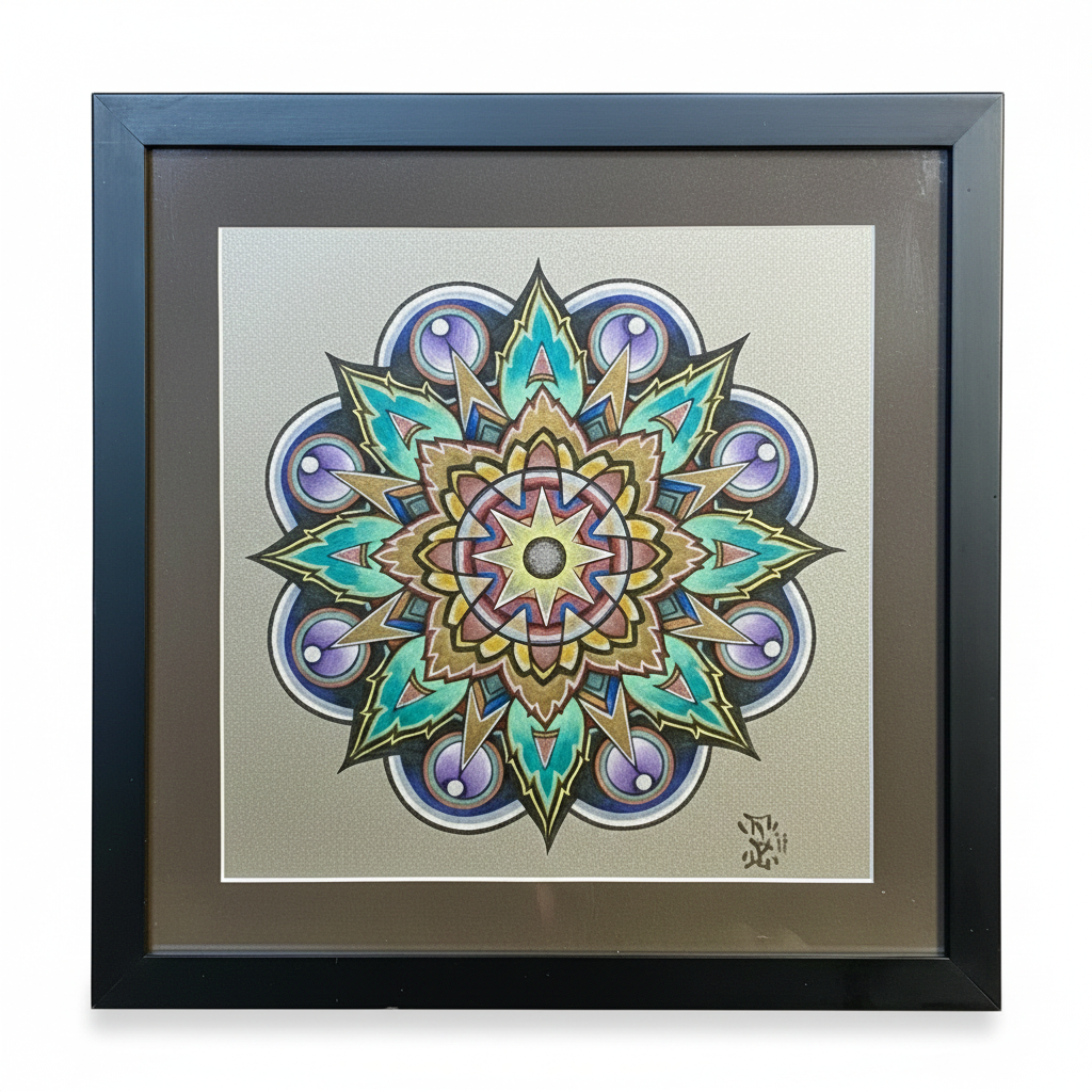 A professional front-facing studio shot of a framed geometric mandala by Horus, featuring intricate teal, purple, and gold symmetrical patterns.