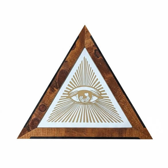 Custom handcrafted wood-framed "Eye of Providence" Illuminati artwork by Horus, featuring gold-toned sunburst rays in a triangular pyramid frame. 
