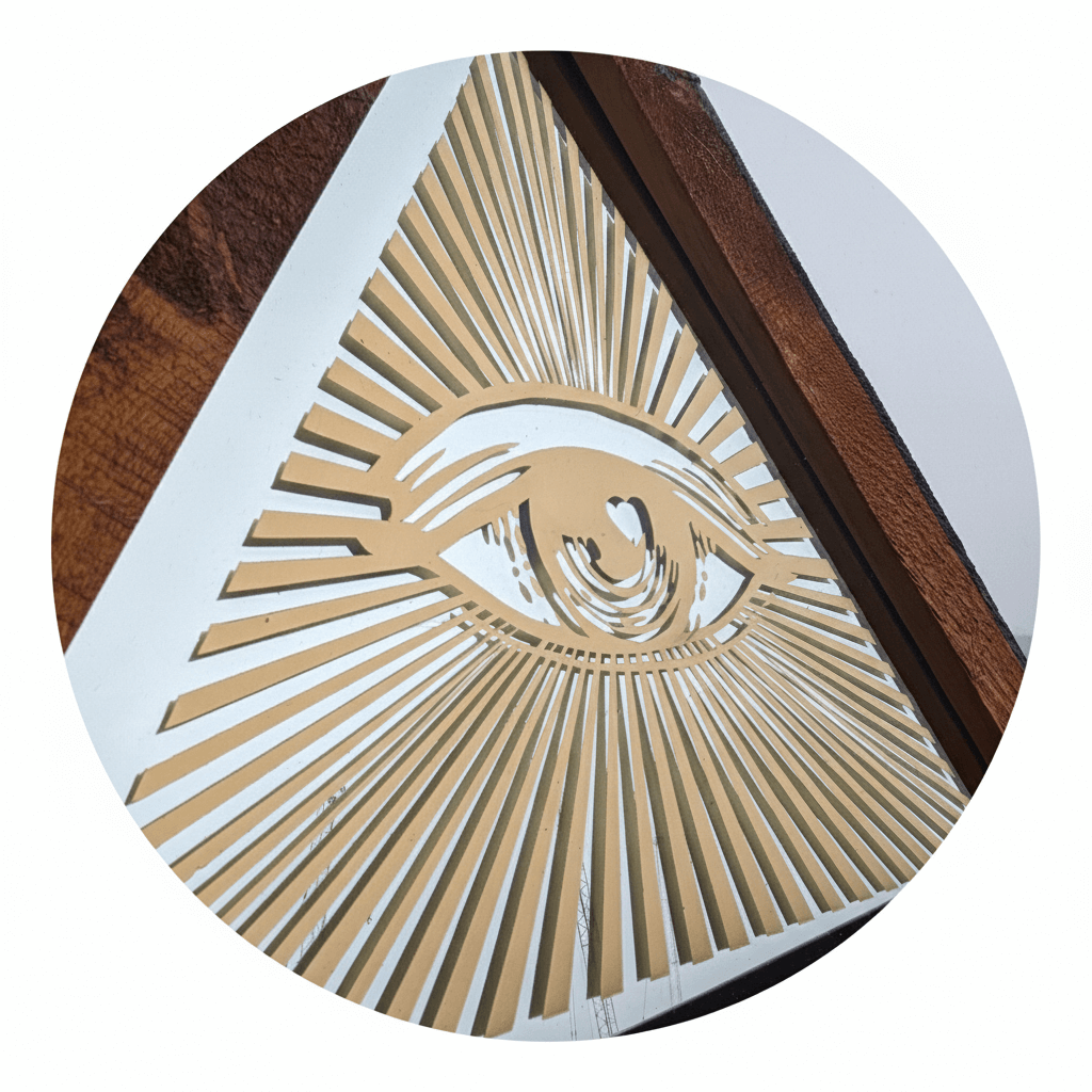 Custom handcrafted wood-framed "Eye of Providence" Illuminati artwork by Horus, featuring gold-toned sunburst rays in a triangular pyramid frame.
