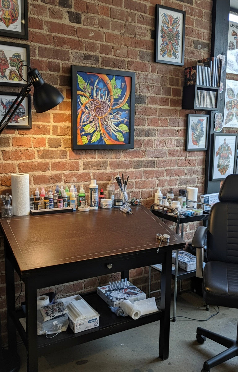 Framed original illustrative painting by Horus featuring a purple chrysanthemum with swirling orange and yellow energy bars against a deep blue background.