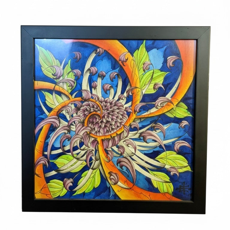 Framed original illustrative painting by Horus featuring a purple chrysanthemum with swirling orange and yellow energy bars against a deep blue background.