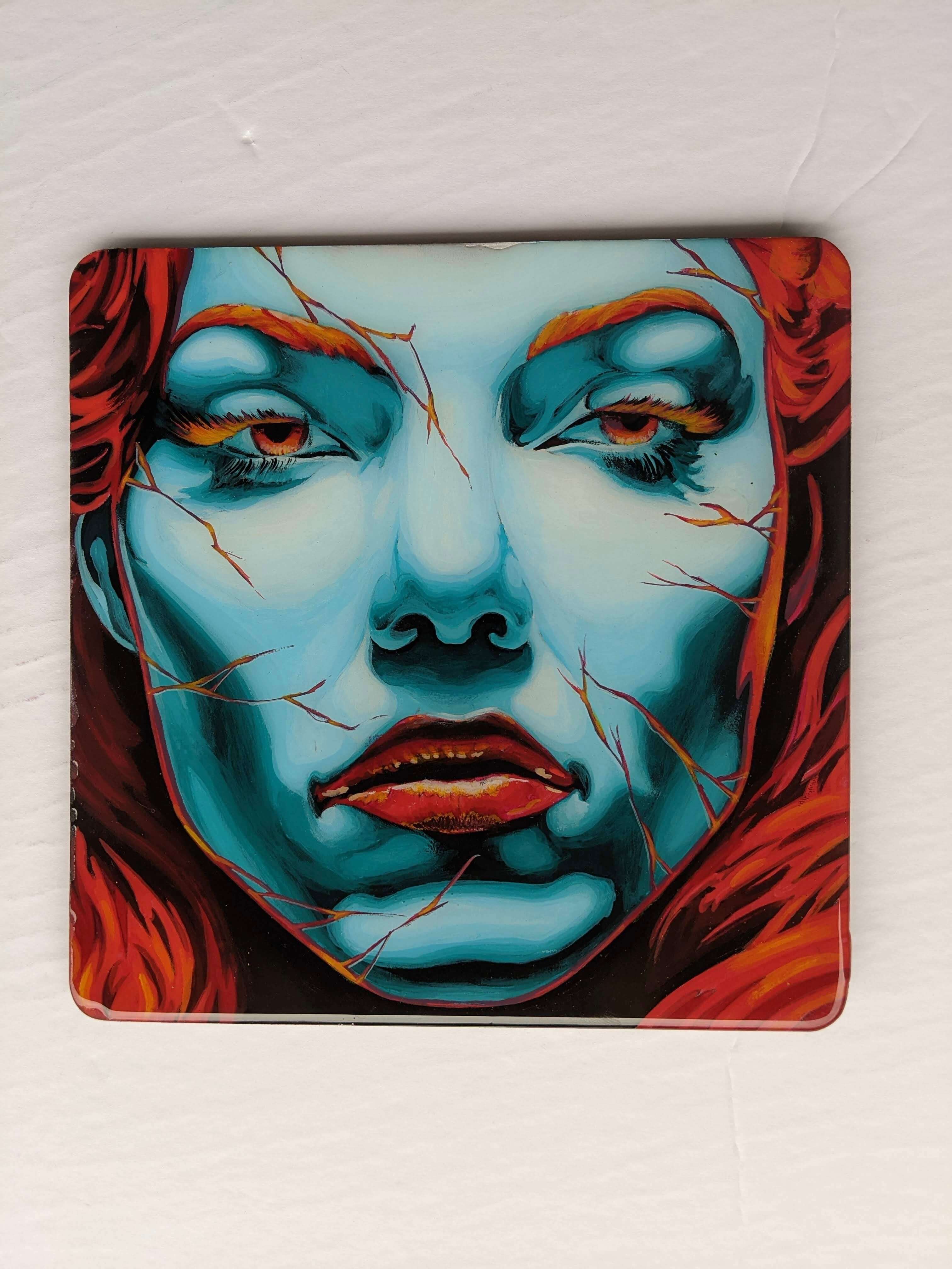 Intricate illustrative painting of a woman with blue skin and orange eyes by Horus, featuring cracked porcelain textures and vibrant red hair.