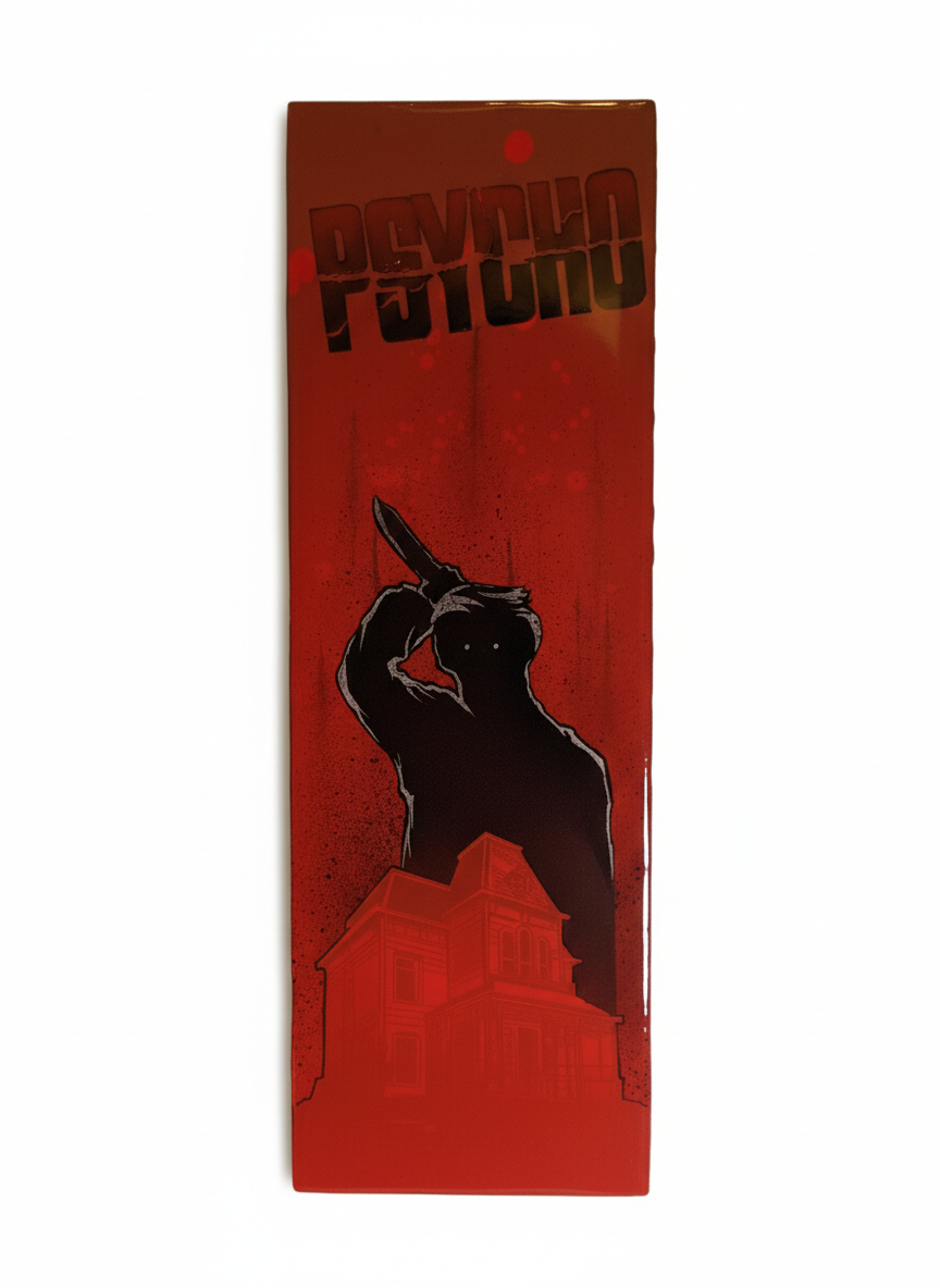 Custom hand-painted "Psycho" movie-inspired art plaque by Horus, featuring a high-gloss resin finish over red and black silhouette graphics.