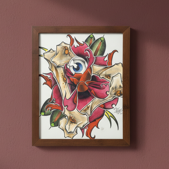 Framed artwork of a stylized eye with floral elements on a white background, mounted on a maroon wall.