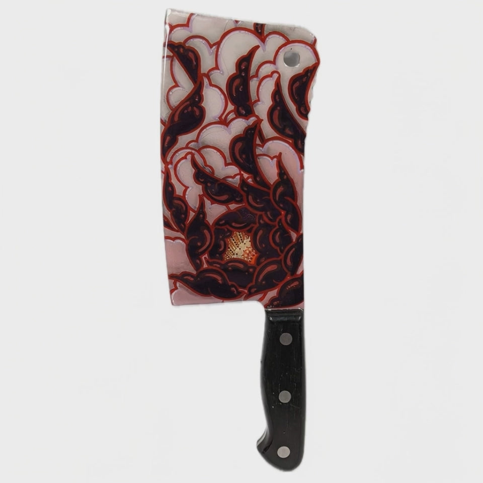 "Peony Cleaver" - Original Tattoo Flash Art on Bare Metal (Resin Sealed) -magenta