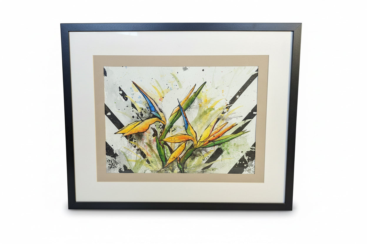 Original framed illustrative painting by Horus featuring vibrant yellow and orange Birds of Paradise flowers with green leaves, set against a splattered background with bold black diagonal stripes.